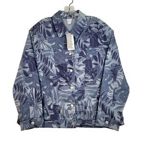 Chicos Jacket Size XL (3) Floral Blue Gray Camo NWT Denim Jacket Button- $129